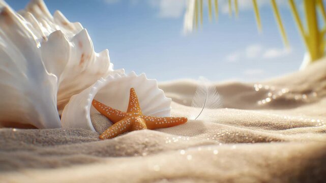 Starfish and seashell on sandy beach under palm leaves in sunny tropical setting