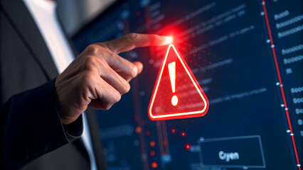 Businessman urgently addresses critical system alert on digital display highlighting cyber threat with glowing warning symbol