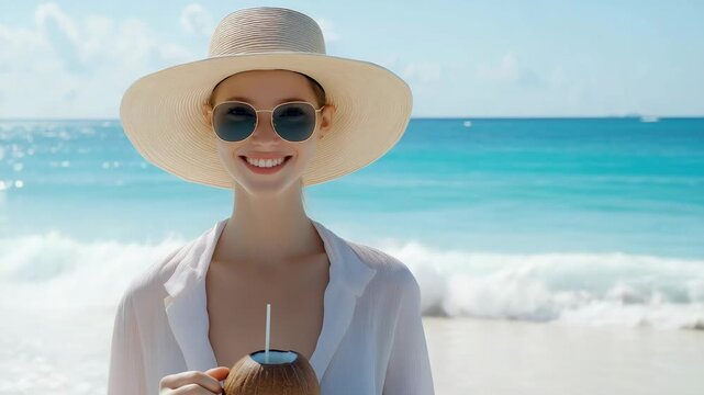 Smiling woman enjoying coconut drink on sunny beach vacation