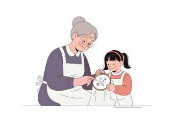 Grandmother teaching granddaughter needlepoint creating precious memories together, celebrating family bonds and love