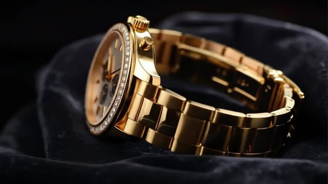 Close-up of a gold-tone wristwatch with a diamond bezel