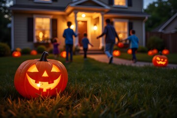 A decorated pumpkin glows, Halloween decorations fill the yard, and children are trick-or-treating, collecting candy near the house. Halloween party. 3d rendering.