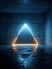 Glowing neon triangle reflecting on wet dark floor futuristic sci fi abstract background