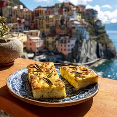 Golden baked focaccia bread with rosemary and olive oil