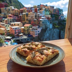 Golden baked focaccia bread with rosemary and olive oil