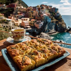 Golden baked focaccia bread with rosemary and olive oil