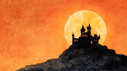 Obraz premium Castle on hill silhouette watercolor under glowing Halloween moon