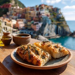 Golden baked focaccia bread with rosemary and olive oil