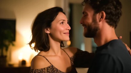 Cozy home setting with a couple sharing a tender slow dance in the warmth of their living room under the night sky representing romantic connection, emotional intimacy, joyful living - Powered by Adobe