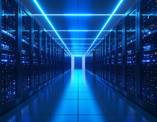 Server Room Pathway: A state-of-the-art server room, illuminated by neon blue lights, showcasing a modern data center environment and technological advancement. 