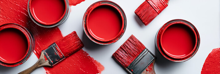 A flat-lay of red paint with brushes and cans, isolated on a white background.