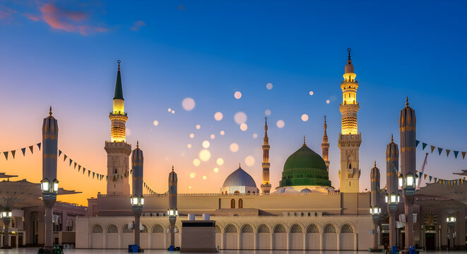 Milad un Nabi Maulid or Mawlid al Nabi islamic background banner with Madina mosque glowing lantern holy stars