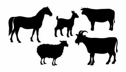 Obraz premium Silhouette illustration showing a horse, a cow, two goats, and a sheep standing on a white background