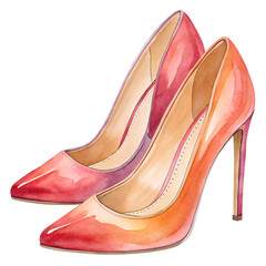 Watercolor High heels, eye level, front view, isolated on transparent background