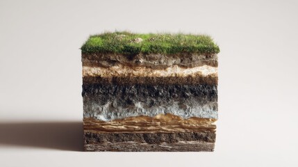 3d render illustration of cross section of ground with grass isolated on white. Podium with underground layers of Soil, earth, rock. Environment or Land Surveying banner cooncept
