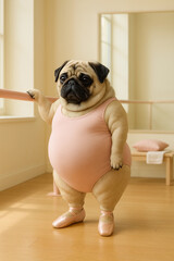 &Uuml;bergewichtiger Mops trainiert Ballett an der Stange im rosa Anzug