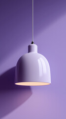 Obraz premium Minimalist Interior With White Pendant Lamp And Small Vase Against Purple Wall: Modern Home Decoration With Soft Shadows And Simple Design