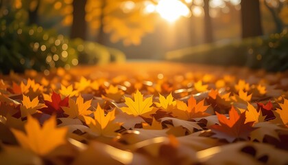 Crisp autumn air is subtly chilling, fallen foliage is softly rustling underfoot while bright sunlight is warmly illuminating, making the pathway perfect for a contemplative strolling
