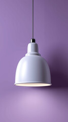 Fototapeta premium Minimalist Interior With White Pendant Lamp And Small Vase Against Purple Wall: Modern Home Decoration With Soft Shadows And Simple Design