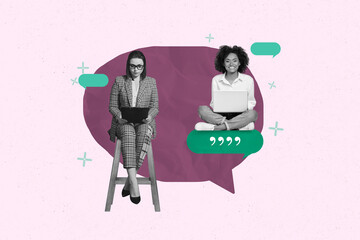 Image poster collage of people stand sit use netbook with textbox on pink background