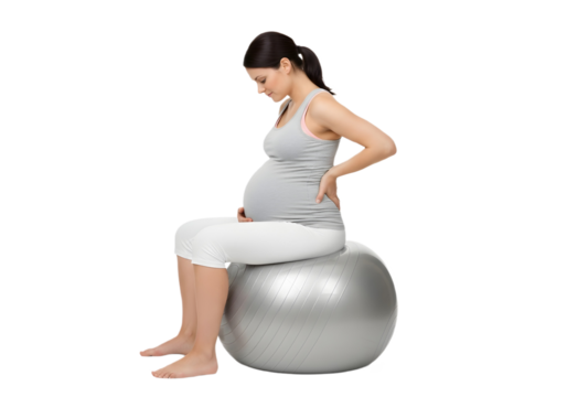 Pregnant woman sitting on a fitness ball indoors on transparent background