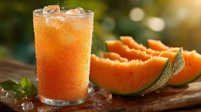 Refreshing commercial-style photo of a tall, cold glass of iced cantaloupe juice with condensation, beside fresh melon slices on a wood table.