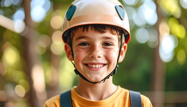 Happy boy in helmet with outdoor adventure.
