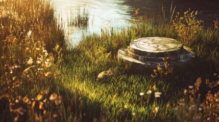 3d render illustration of cross section of ground with grass isolated on white. Podium with underground layers of Soil, earth, rock. Environment or Land Surveying banner cooncept