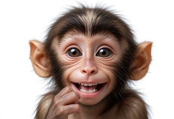 Cría de macaco con sonrisa traviesa, ojos grandes y manitas. Aislado sobre fondo blanco, el primer plano revela la personalidad juguetona del primate