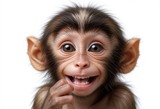 Cr&iacute;a de macaco con sonrisa traviesa, ojos grandes y manitas. Aislado sobre fondo blanco, el primer plano revela la personalidad juguetona del primate