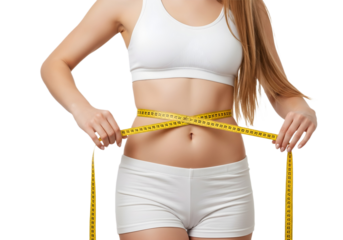 Woman measuring her waist with a yellow tape measure on transparent background