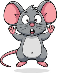 Cartoon gray mouse with pink ears and tail, arms raised, surprised expression, standing rodent character, cute animal vector illustration design