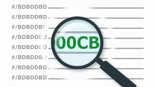 Magnifying glass reveals hidden details in hex code transformation animation
