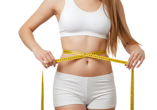 Woman measuring her waist with a yellow tape measure on transparent background