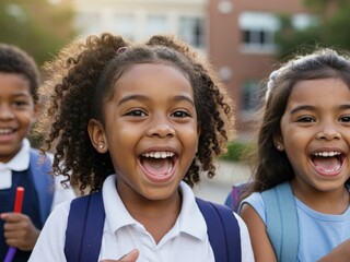 Three diverse children, including a central laughing girl with curly hair, wear backpacks outside a school, expressing joy and excitement.