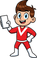Cartoon hero character with brown hair, blue eyes, red suit, white gloves and boots, holding smartphone, cheerful vector illustration