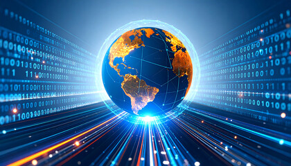 Global Network Connectivity: Futuristic Digital Earth with Binary Code Streams, High-Tech Style, Dynamic Mood.