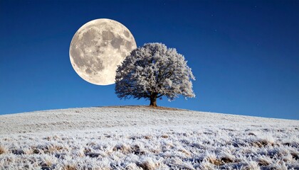 "Solitary tree silhouetted against a full moon on a snow-covered hill under a starry night sky—evoking cosmic alignment, quiet resilience, and the choreography of light and shadow."