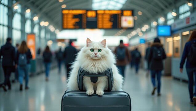 Gato persa blanco sentado sobre una maleta en el aeropuerto