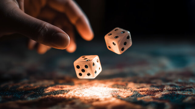 Close up a hand throwing two glowing dice on above a casino table. Winning, Jackpot, Gambling addiction concept
