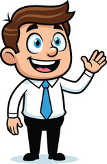 Cartoon man with brown hair, blue eyes, white shirt, blue tie, black pants waving hand, smiling vector illustration on blue shadow