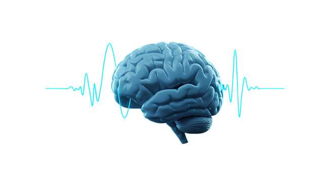 3d quiet mind app icons human brain with a blue electrical wave isolated on transparent background