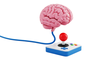 3d quiet mind app icons brain connected to a video game controller isolated on transparent background