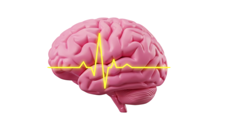3d quiet mind app icons pink brain with yellow heartbeat line isolated on transparent background