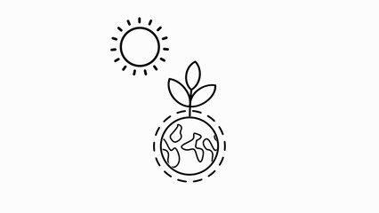 Obraz premium Outline of sun and planet Earth with sprouting plant on white background