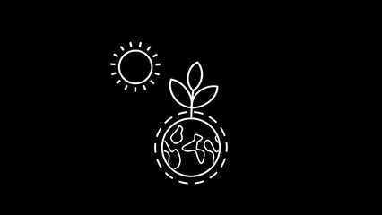 Outline of sun and planet Earth with sprouting plant on black background