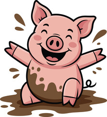 Cartoon pink pig with darker spots sitting in mud puddle, smiling with closed eyes, front legs raised, playful farm animal vector
