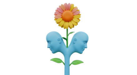 3d quiet mind app icons two blue human heads facing opposite directions with a flower isolated on transparent background