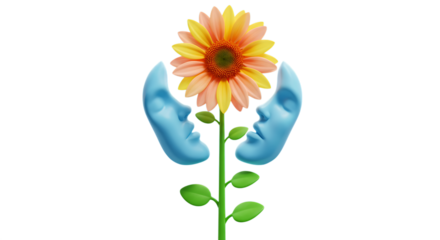 3d quiet mind app icons two blue human faces with a flower in between isolated on transparent background