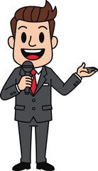 Cartoon presenter in grey suit and red tie holding microphone, smiling with hand extended, public speaking vector illustration for business themes